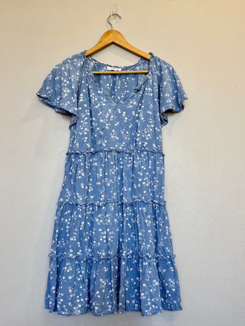 beachlunchlounge Camila Flutter Sleeve Tiered Dress Blue Floral S